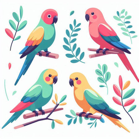 Set of cute parrots on branches. Vector illustration in cartoon style.のイラスト素材