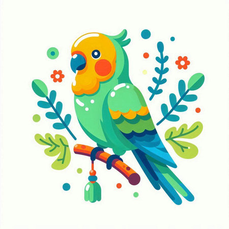 Cute parrot with flowers and leaves on white background. Vector illustration.のイラスト素材