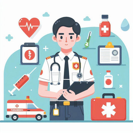 Healthcare and medical concept. Doctor with stethoscope, syringe and first aid kit. Vector illustrationのイラスト素材
