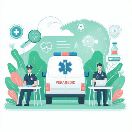 First aid concept. Ambulance, ambulance, doctor and patient. Vector illustrationのイラスト素材