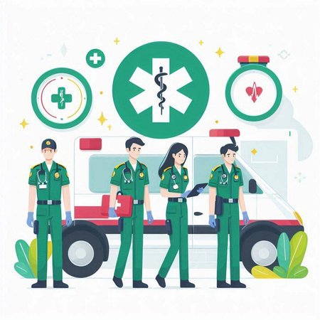 Medical staff and ambulance. Vector illustration in flat style. Health care concept.のイラスト素材