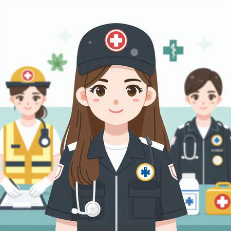 Female nurse in uniform with medical staff on background. Vector illustration.のイラスト素材