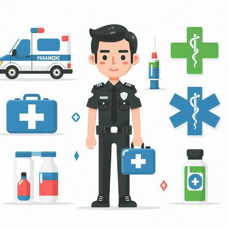 Vector illustration of a male police officer in uniform standing in front of medical icons.のイラスト素材