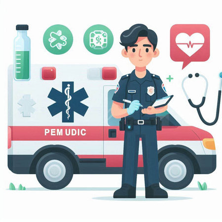 Ambulance and doctor in uniform. Flat style vector illustration.のイラスト素材