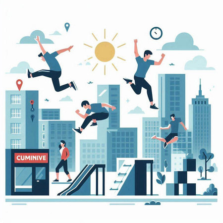 Vector illustration of people jumping in the city. Flat style design.のイラスト素材