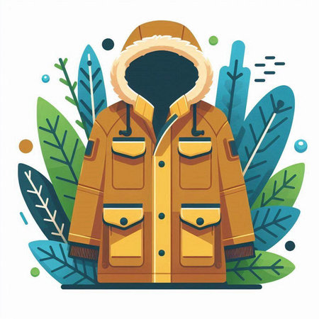 Vector illustration of a winter jacket on a background of plants and foliage.のイラスト素材