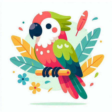 Cute parrot sitting on a branch. Vector illustration in flat style.のイラスト素材