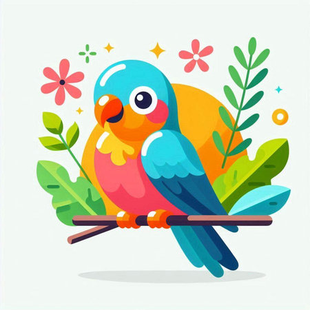 Cute parrot on a branch with flowers. Vector illustration.のイラスト素材