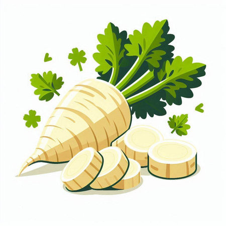 Fresh parsley root and slices isolated on white background. Vector illustration.のイラスト素材