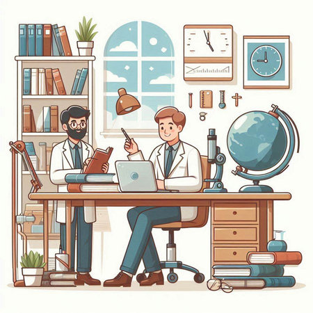 Vector illustration of a teacher and student sitting at the desk with books, globe, microscope and bookshelfのイラスト素材