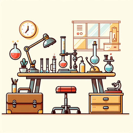 Flat design vector illustration of science laboratory interior with equipment and tools.のイラスト素材