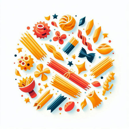 Italian pasta round composition with different types of macaroni vector illustrationのイラスト素材