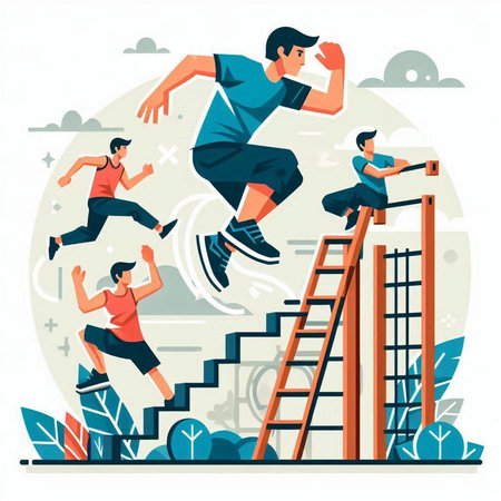 People jump on stairs flat vector illustration. Male and female characters in sportswear jumping on ladder. Athlete, competition, challenge concept for banner, website design or landing web pageのイラスト素材