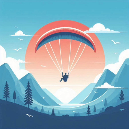 Paraglider flying in the sky over the mountains. Vector illustrationのイラスト素材