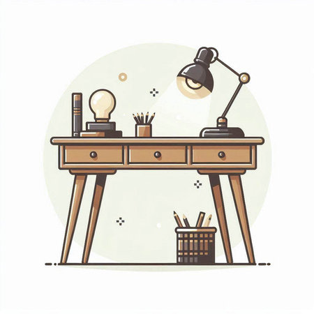 Illustration of a desk with a lamp, pencils and other items.のイラスト素材