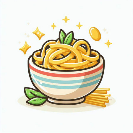 Spaghetti in bowl with olive oil and basil. Vector illustration.のイラスト素材