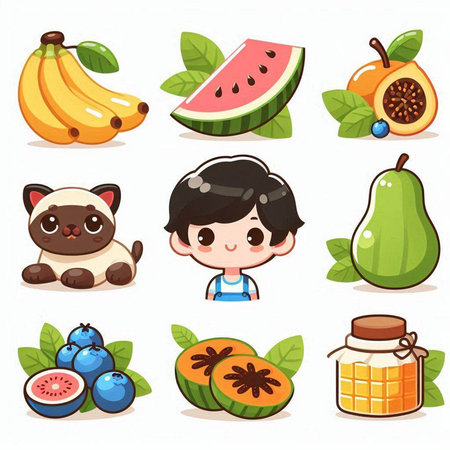 Funny cartoon little boy with different fruits and vegetables. Vector illustration.のイラスト素材