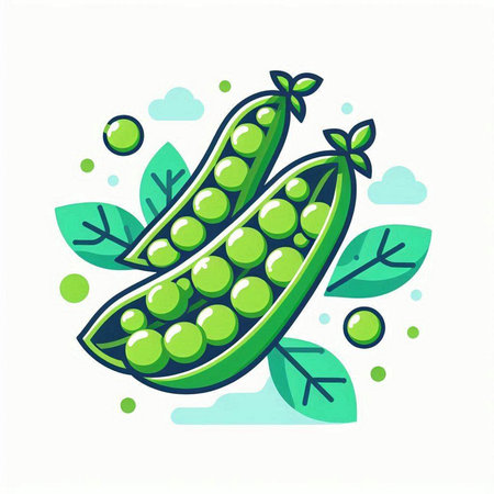 Peas icon. Vector illustration of fresh green peas with leaves.のイラスト素材
