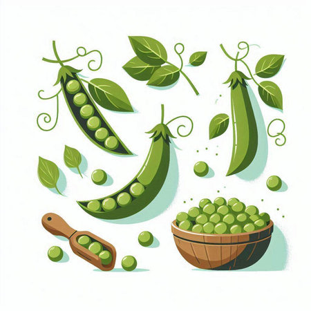Peas and pods on a white background. Vector illustration, flat style.のイラスト素材