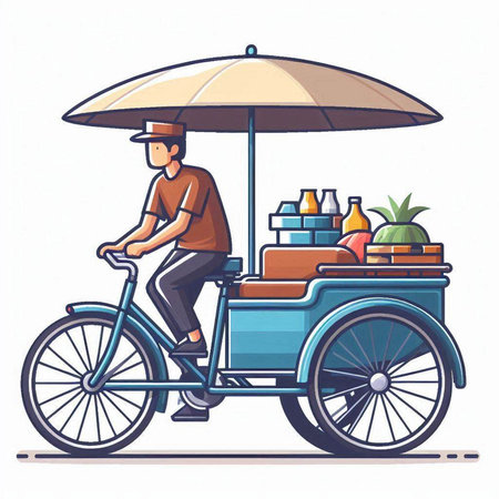 Vector illustration of a man riding a bicycle with a cart full of food.のイラスト素材
