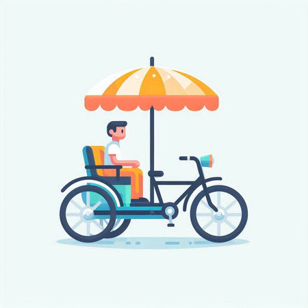 Man riding a tricycle with umbrella. Flat style vector illustration.のイラスト素材