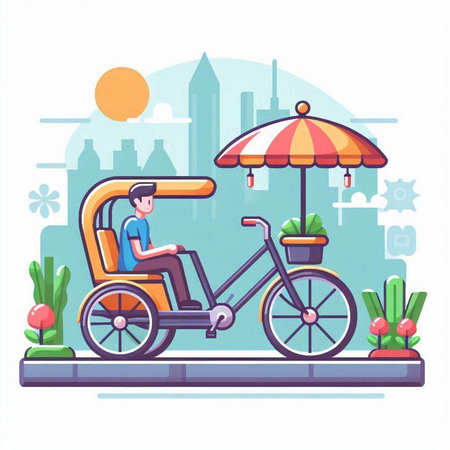 Man riding a tricycle in the city. Flat vector illustration.のイラスト素材