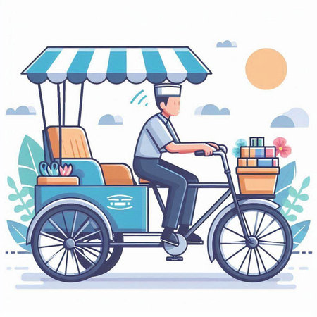 Vector illustration of a man riding a bicycle with a basket full of food.のイラスト素材