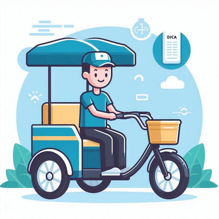 Vector illustration of a delivery man riding a tuk-tukのイラスト素材