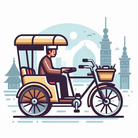 Vector illustration of a man riding a tricycle in the city.のイラスト素材