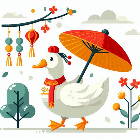 Illustration of Chinese New Year. White duck with an umbrella.のイラスト素材
