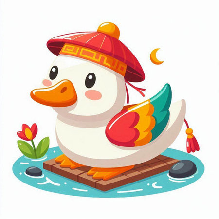 Vector illustration of a cute cartoon duck in a red cap on a white backgroundのイラスト素材