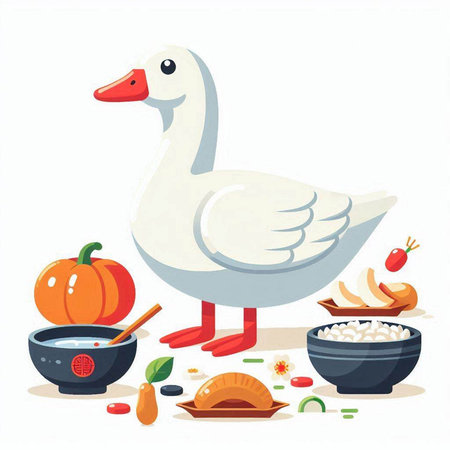 Vector illustration of a goose with food and vegetables on a white backgroundのイラスト素材
