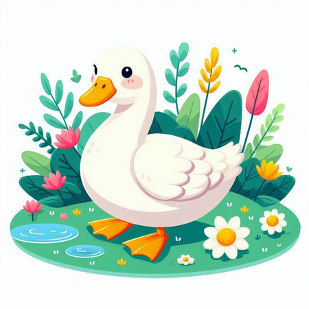 Vector illustration of a cute white duck in a garden with flowers.のイラスト素材