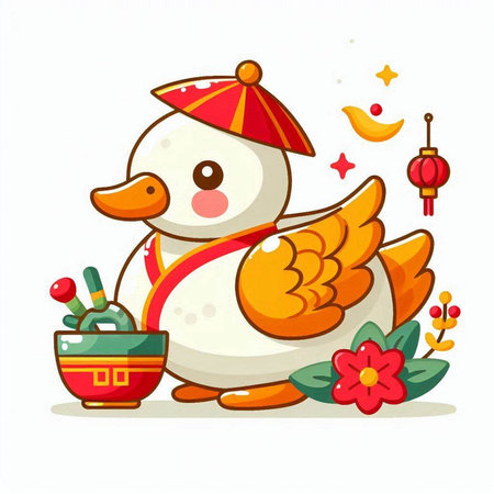 Vector illustration of cute cartoon snowman with Chinese New Year decoration.のイラスト素材