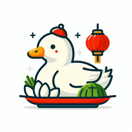 Vector illustration of a cute white duck on a plate with Chinese lanterns.のイラスト素材