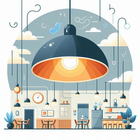 Interior of cafe with tables, chairs and lamps. Flat style vector illustration.のイラスト素材