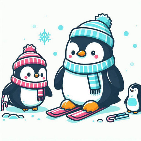 Cute penguins in winter clothes on the snow. Cartoon vector illustration.のイラスト素材