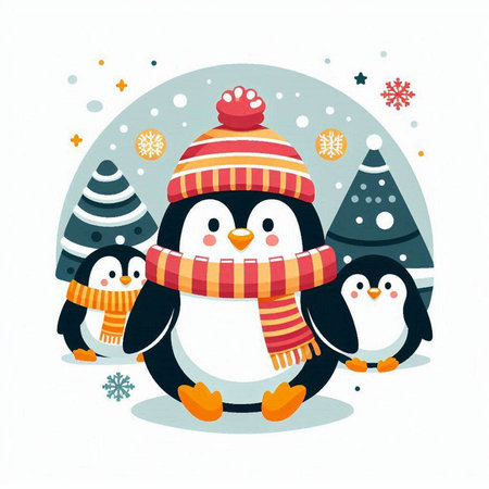 Cute penguins in winter clothes. Vector illustration in a flat style.のイラスト素材