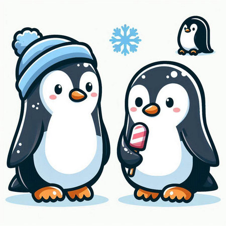 Cute penguins in winter clothes. Vector illustration. Cartoon style.のイラスト素材