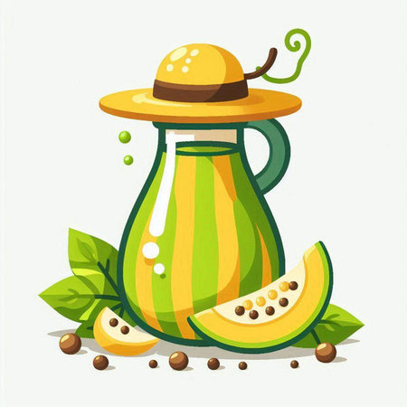 Fruit juice in a glass jug with a straw hat. Vector illustration.のイラスト素材