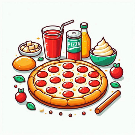 Pizza with tomato juice and ingredients on white background. Vector illustration.のイラスト素材