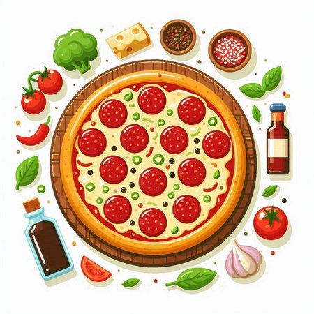 Pizza with pepperoni, cheese, tomato, basil, olive oil and spices. Vector illustrationのイラスト素材