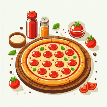 Pizza with pepperoni, tomato and mozzarella. Vector illustrationのイラスト素材
