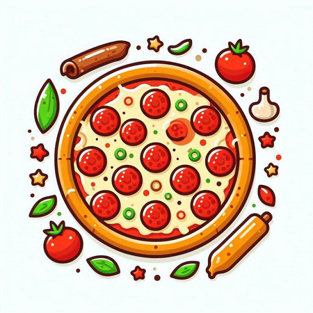 Pizza with pepperoni, cherry tomatoes and spices. Vector illustration.のイラスト素材