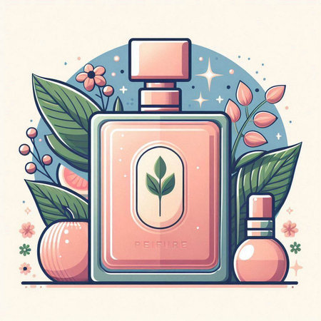 Bottle of perfume with leaves and flowers. Vector illustration in flat style.のイラスト素材