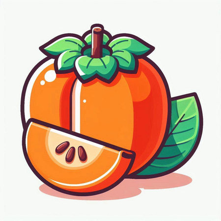 Illustration of persimmon fruit with green leaves on white backgroundのイラスト素材
