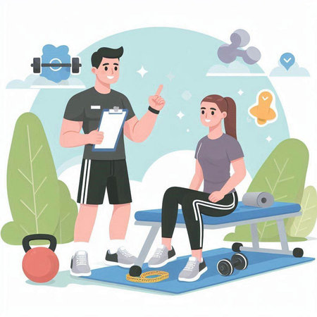 Vector illustration of a man and woman sitting on a bench in a fitness club.のイラスト素材