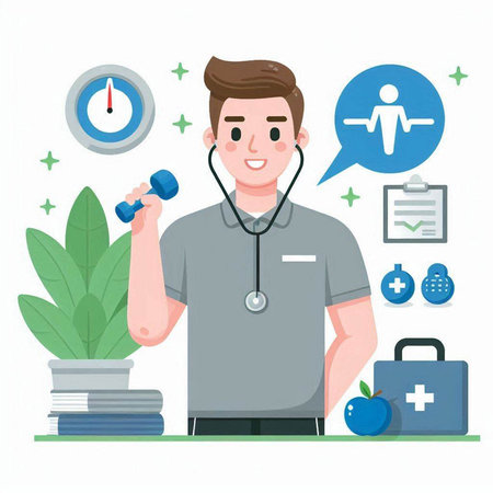 Doctor with stethoscope and dumbbell. Health care. Vector illustrationのイラスト素材