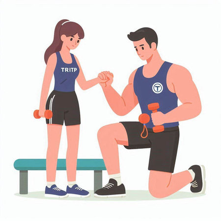 Man and woman doing exercises with dumbbells. Vector illustration in cartoon style.のイラスト素材