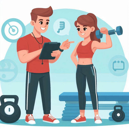 Man and woman doing exercises with dumbbells. Cartoon vector illustration.のイラスト素材